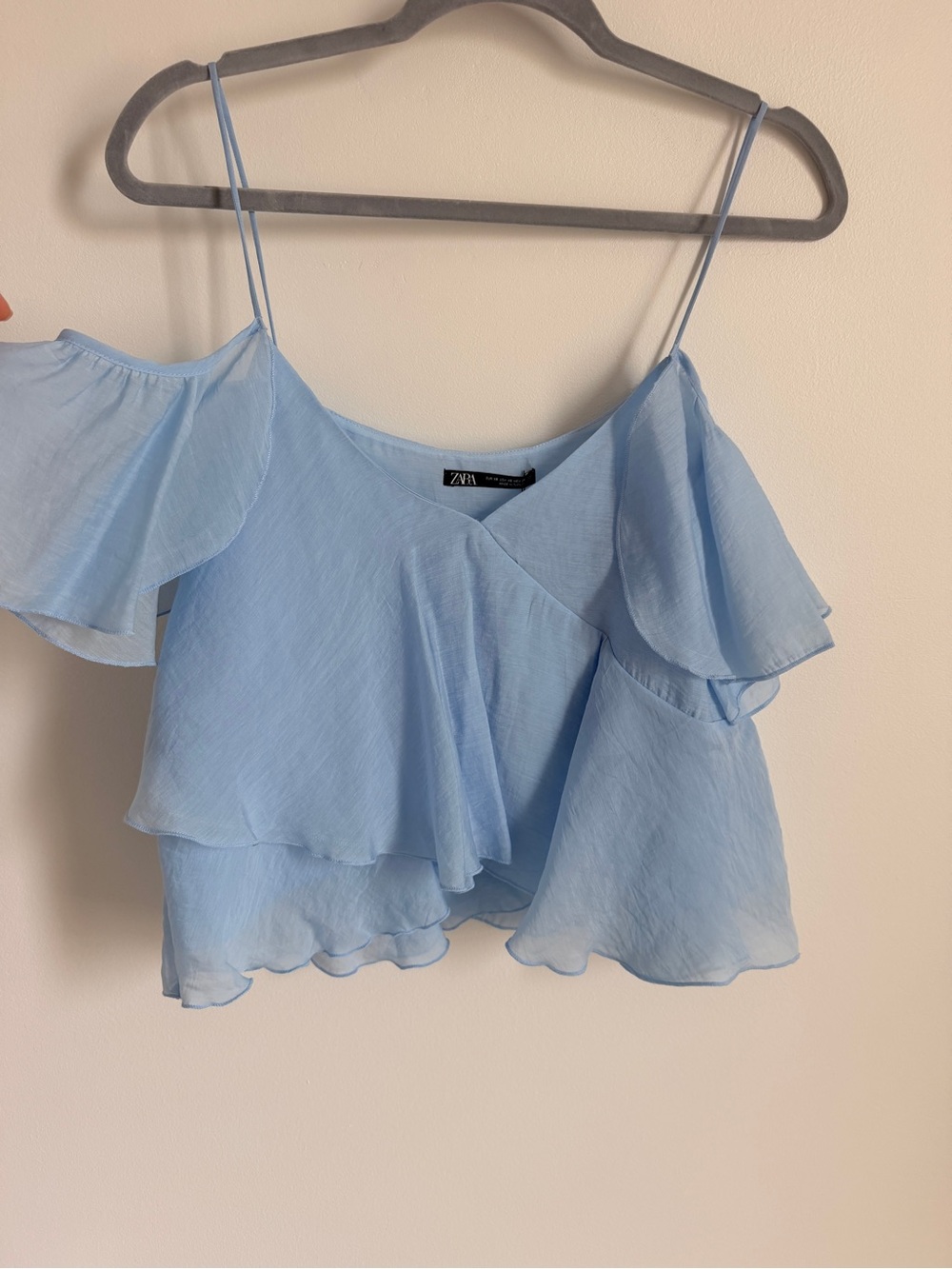 ZARA Pale Blue Ruffled Cold-Shoulder Camisole